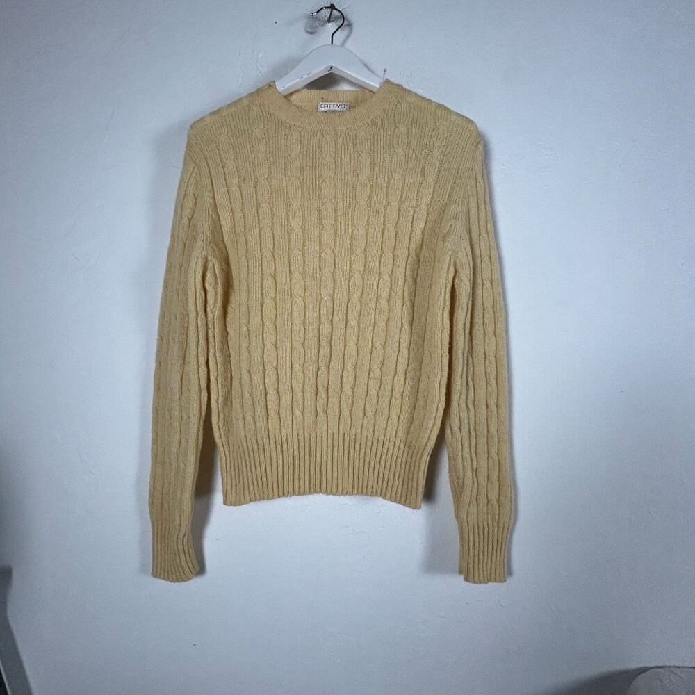 Cattivo Womens Shetland Wool Cable Knit Sweater Yellow Crew Neck Pullover Casual